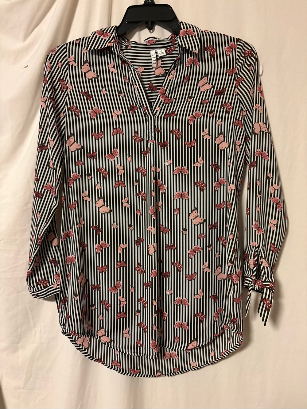 Elle Black & White Striped Button-Down with Pink Butterfly Print